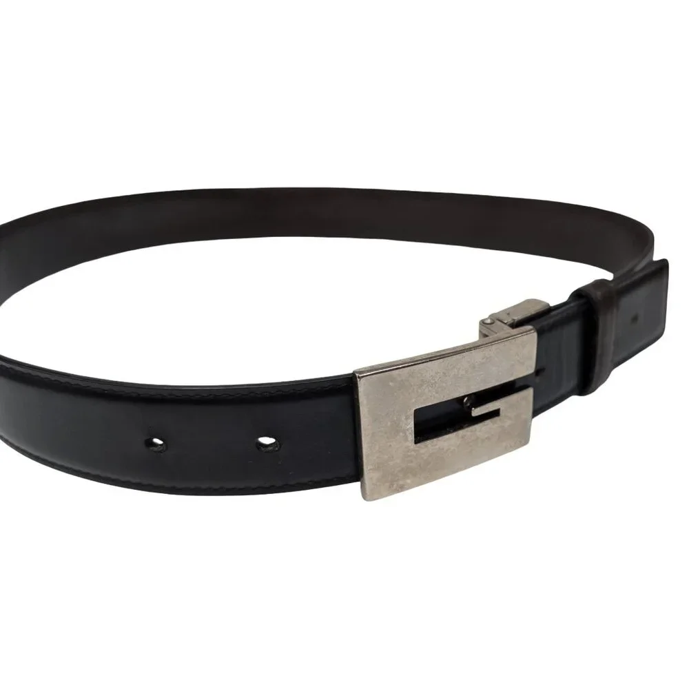 Vtg Gucci Silver G Cutout Leather Belt Mens Black Rectangular Buckle EU 70 US 28